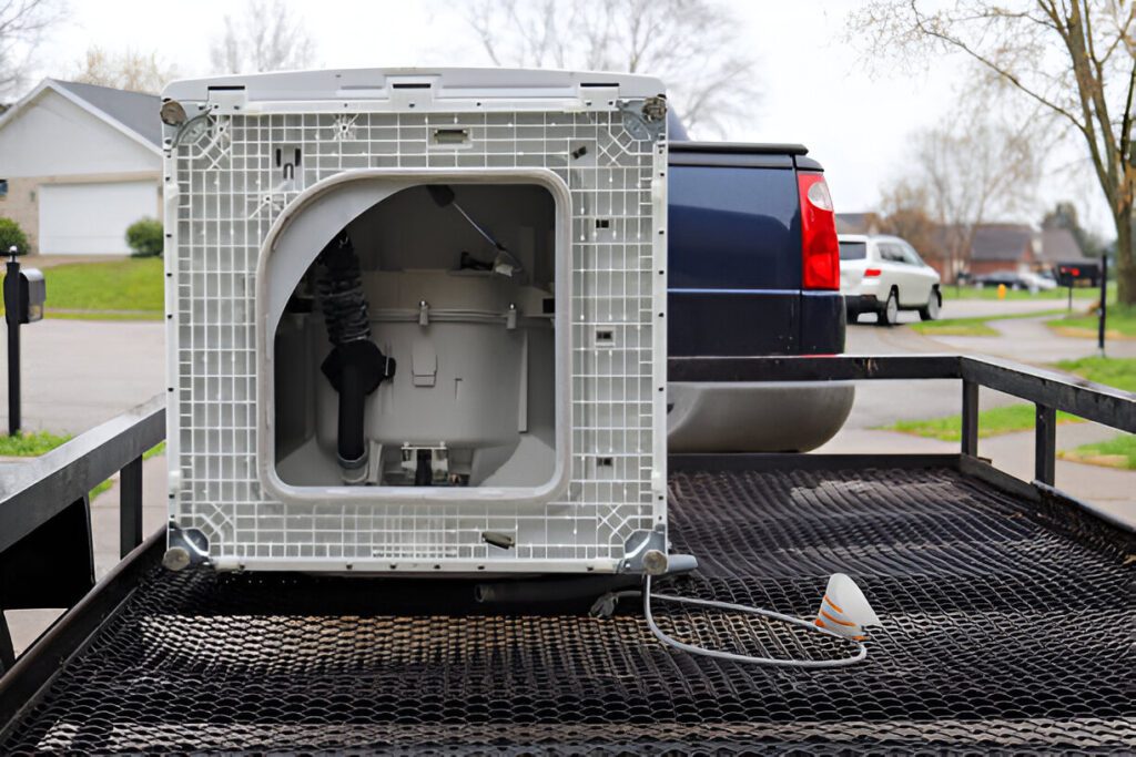 A broken washing machine sitting outside on a trailer