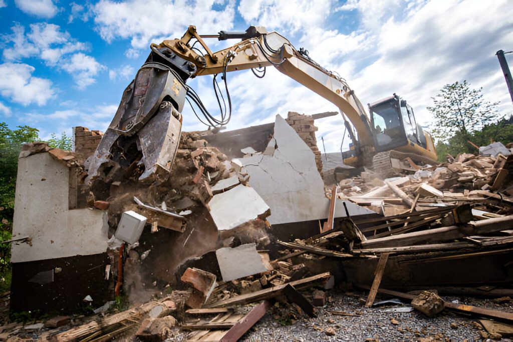 Mechanical digger demolishing building.
